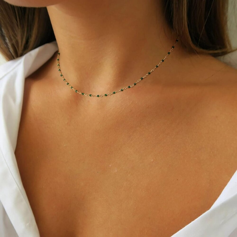 Beaded Necklaces for Women 14K Gold Plated Dainty Colorful Green/Rose Beaded Pea - Picture 3 of 7